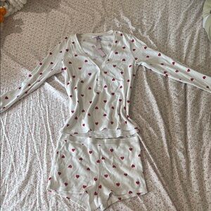 Victoria's Secret Red and White Pajama Set with Lace Detailing